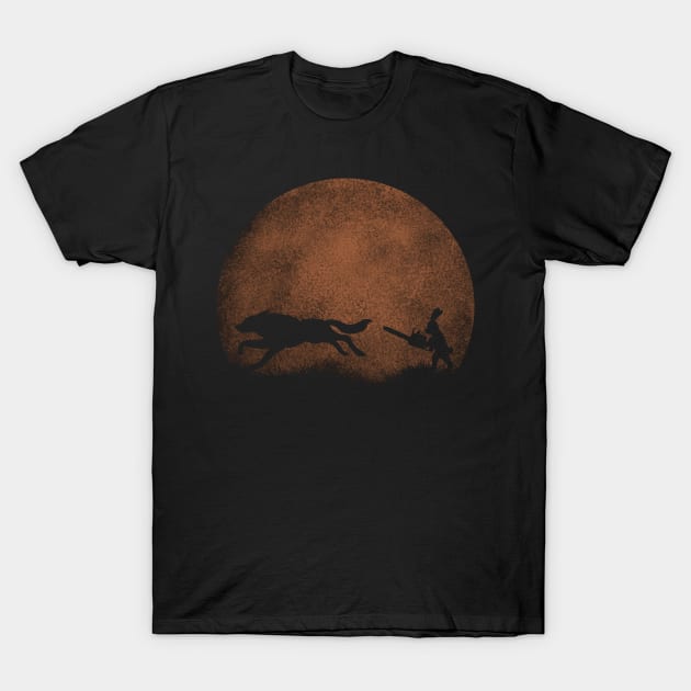 hare with a chainsaw, running after the wolf T-Shirt by NemfisArt